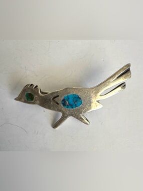 Vintage Navajo Sterling Silver Turquoise Inlay Roadrunner Brooch Native American